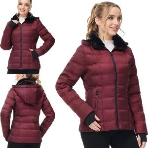 Another Choice Women Down Puffer Jacket-Hooded Winter Puffer Coat with Faux Fur